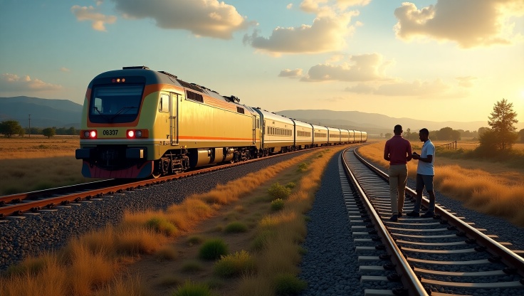 Train moderne africain traversant un paysage urbain et rural, illustrant le transport ferroviaire africain et l’innovation dans les infrastructures.