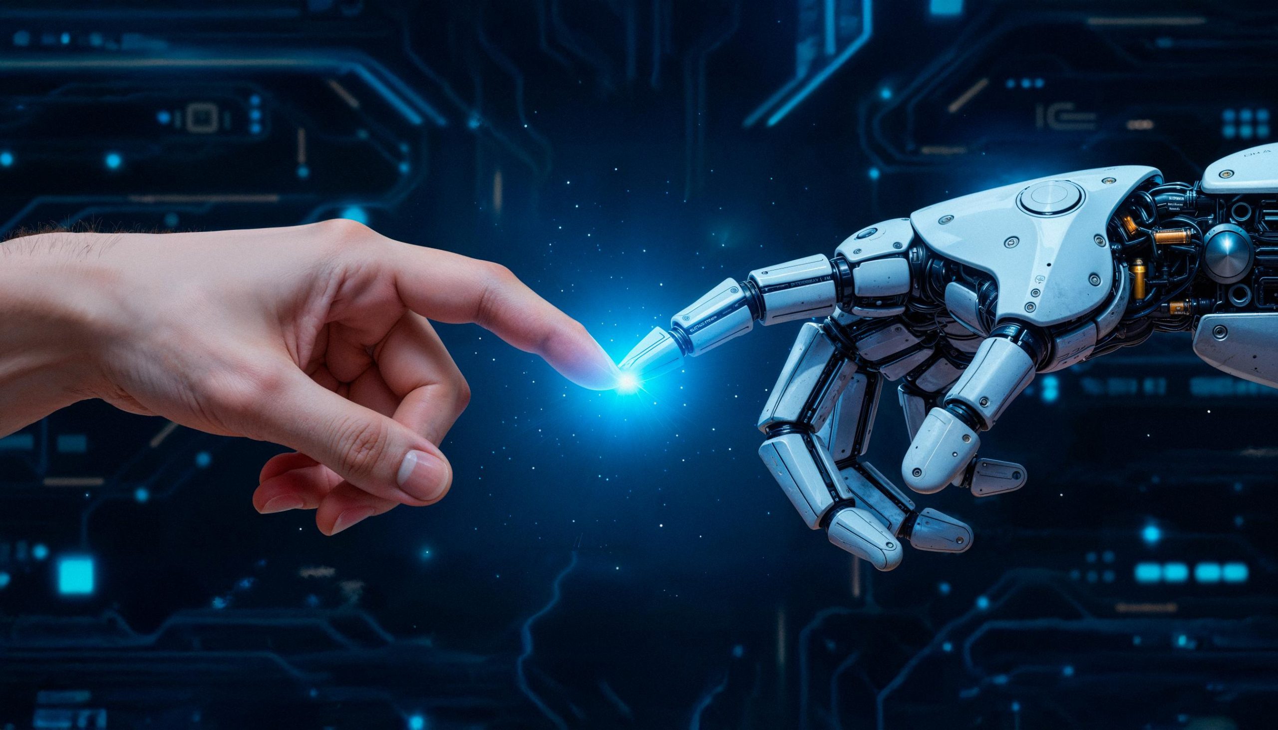 Main humaine touchant une main robotisée, symbolisant la collaboration entre l’homme et l’intelligence artificielle (IA) .