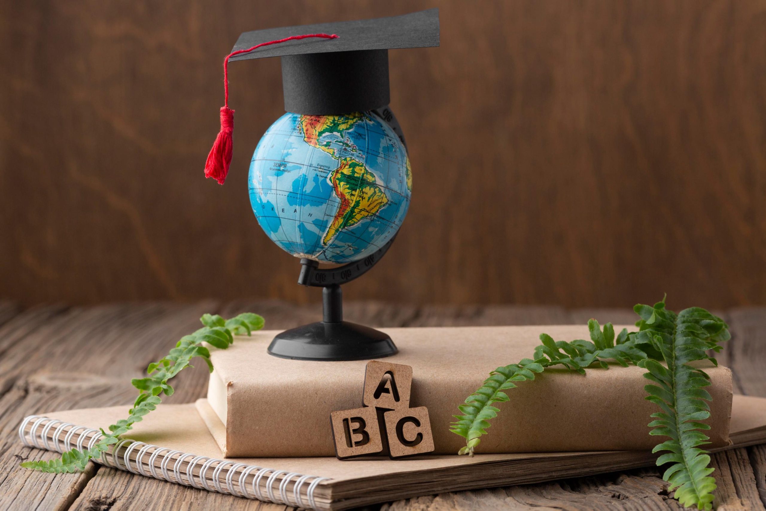 Illustration des écoles internationales au Maroc : des livres empilés sur lesquels repose la planète Terre avec un chapeau de diplômé symbolisant l’éducation internationale