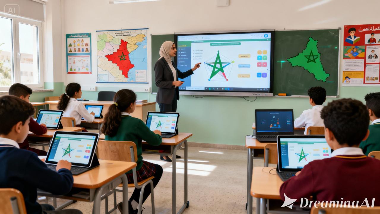 Salle de classe digitalisée au Maroc avec élèves utilisant tablettes et ordinateurs, enseignants sur tableau interactif, illustrant la digitalisation des cours et le marché EdTech.